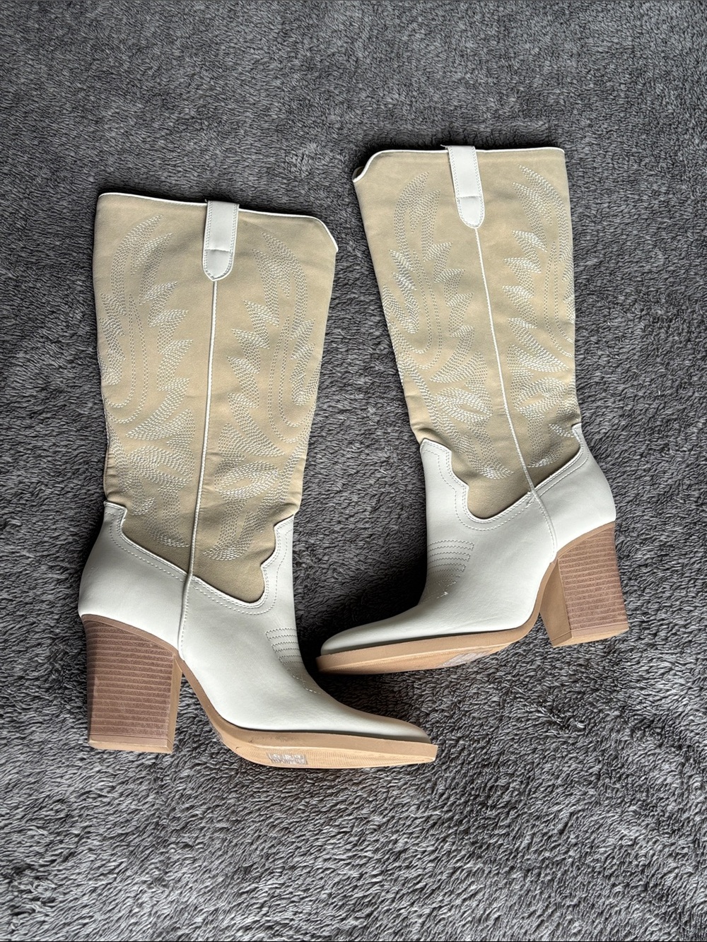 Block-Heel Western Knee Boots in Cream and White